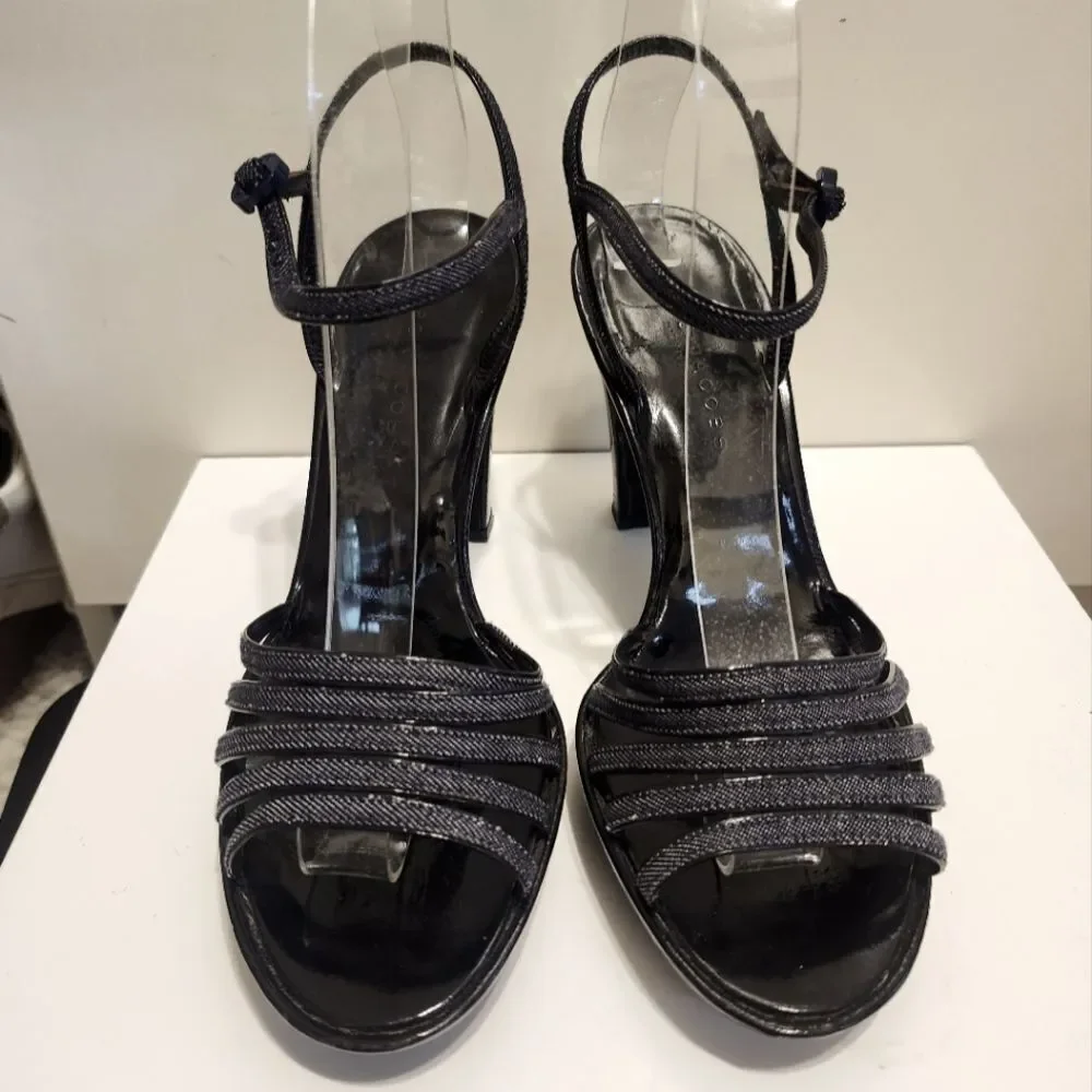 Marc Jacobs Black Patent Leather/Denim Strappy Platform Sandals Sz.7.5/38.5 $495